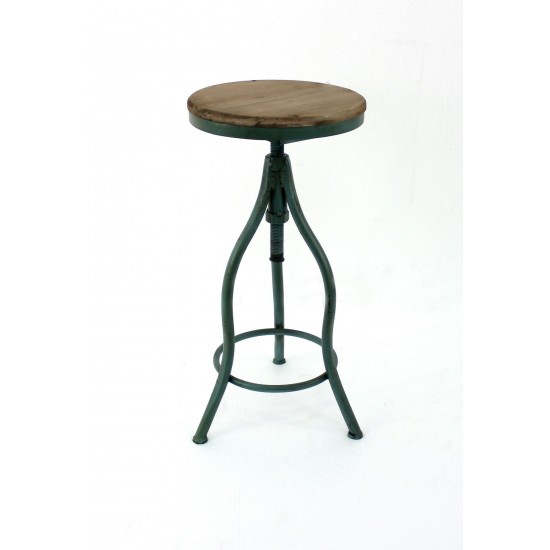 Vintage Bar Stool With Green Metal Frame And Wood Top