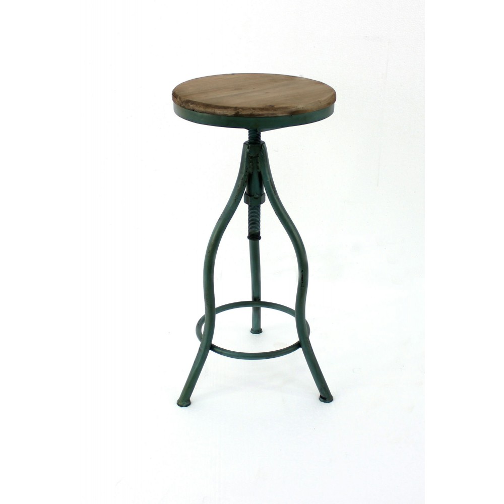 Vintage Bar Stool With Green Metal Frame And Wood Top