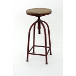 Antique Bar Stool With Red Metal Frame And Wood Top