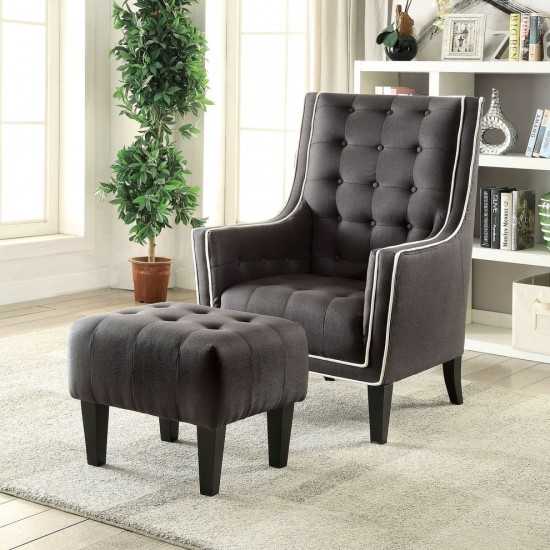 ACME Ophelia 2Pc Pack Chair & Ottoman, Black Linen