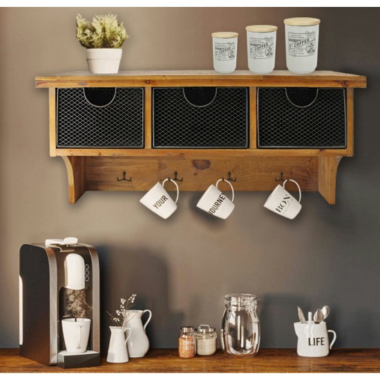 Rustic Wooden Wall Shelf With 3 Drawers