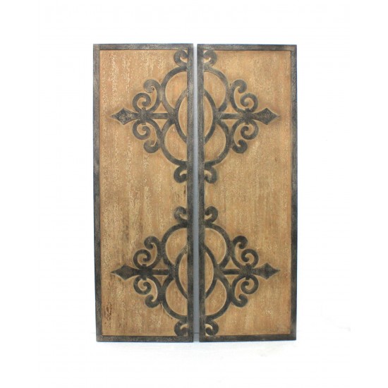 Traditional Set Of Wood Wall Plaques With Metal Sculptural Pattern