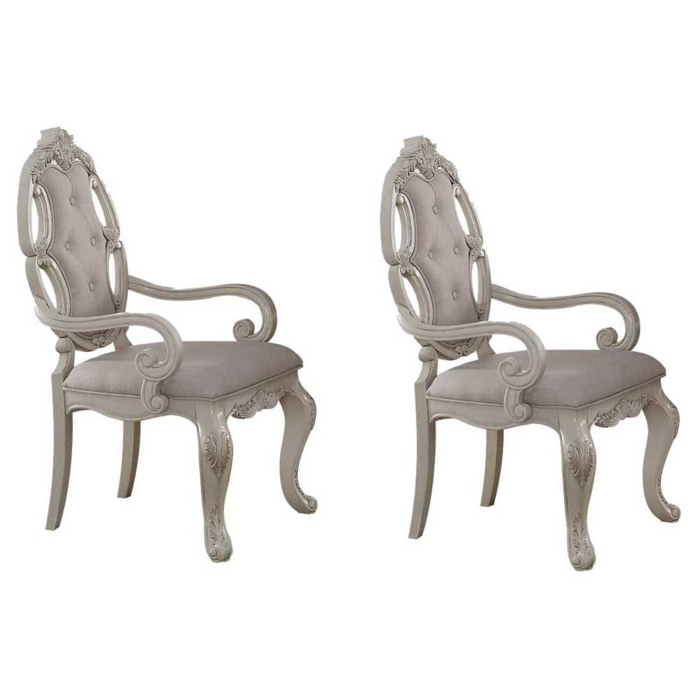 ACME Ragenardus Arm Chair (Set-2), Fabric & Antique White ACME Ragenardus Arm Chair (Set-2), Fabric & Antique White