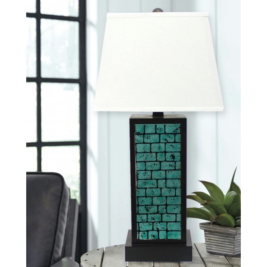 Contemporary Black Metal Table Lamp With Green Brick Pattern