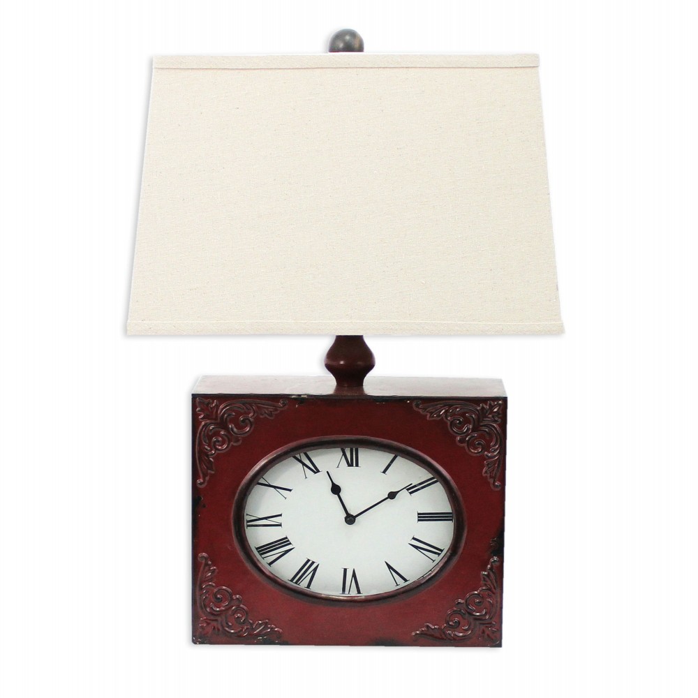 Vintage Red Table Lamp With Metal Clock Base