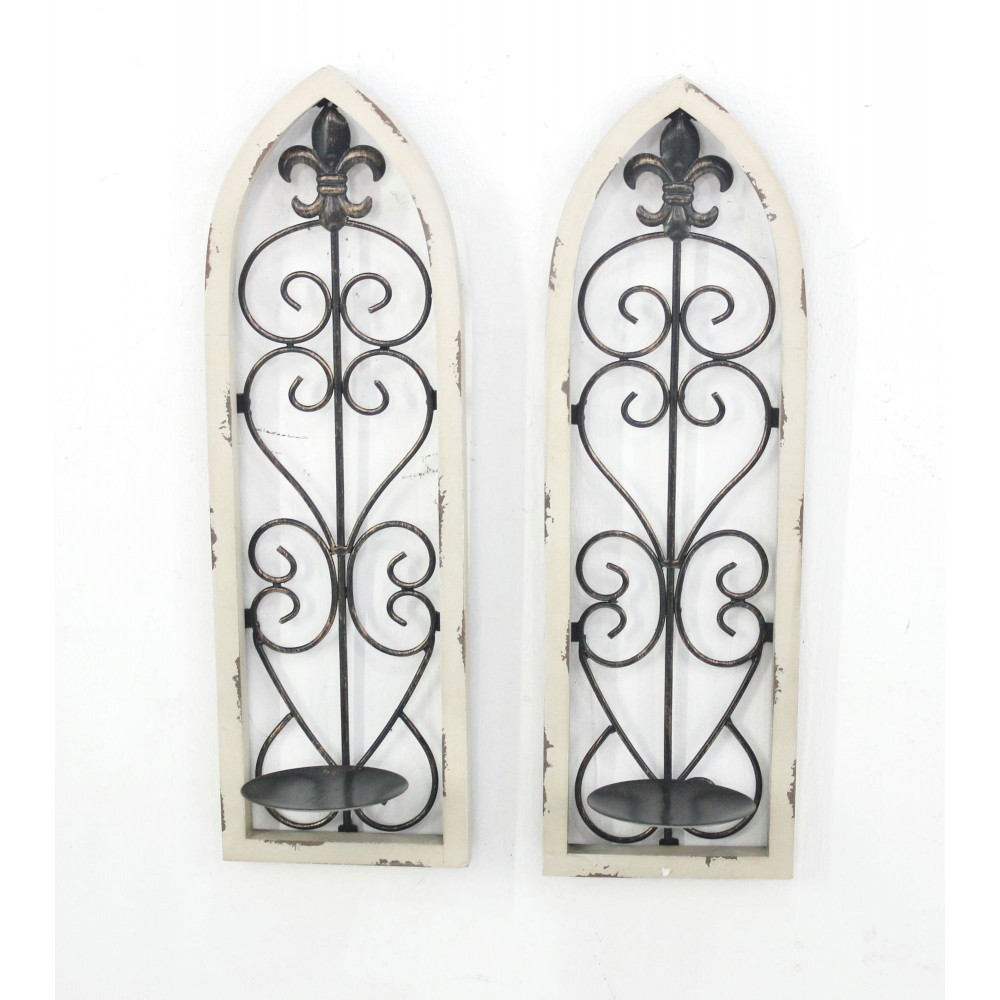 Rustic Fleur-De-Lis Wall Candle Holder Sconce Set