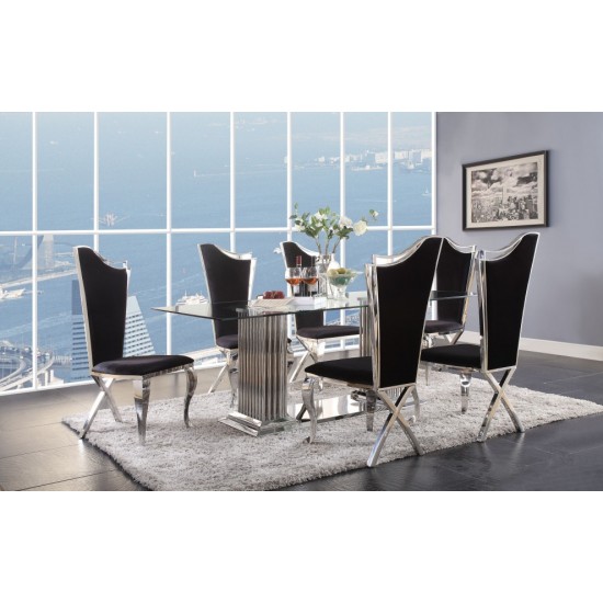 ACME Cyrene Dining Table w/Double Pedestal, Stainless Steel & Clear Glass