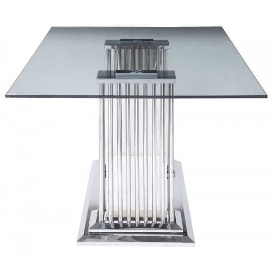 ACME Cyrene Dining Table w/Double Pedestal, Stainless Steel & Clear Glass