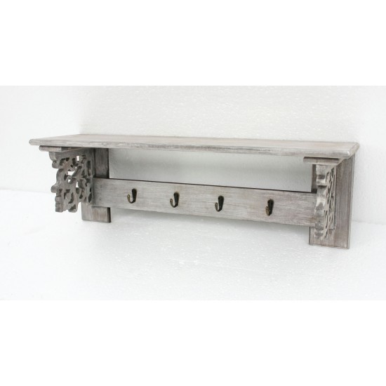 Vintage Weathered Wooden Wall Shelf With 4 Metal Hooks