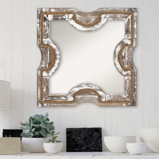 Rustic White-Washed Wooden Mirror Wall Decor