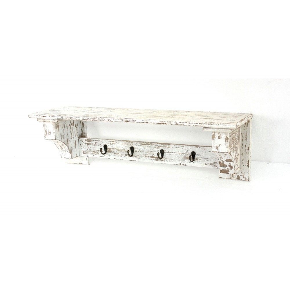 Vintage White Wooden Wall Shelf With 4 Metal Hooks