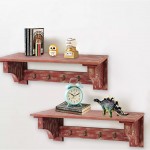 Vintage Red Wooden Wall Shelf With 4 Metal Hooks