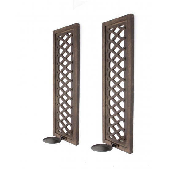 Vintage Candle Holder Sconce Set With Lattice Style Mirrors