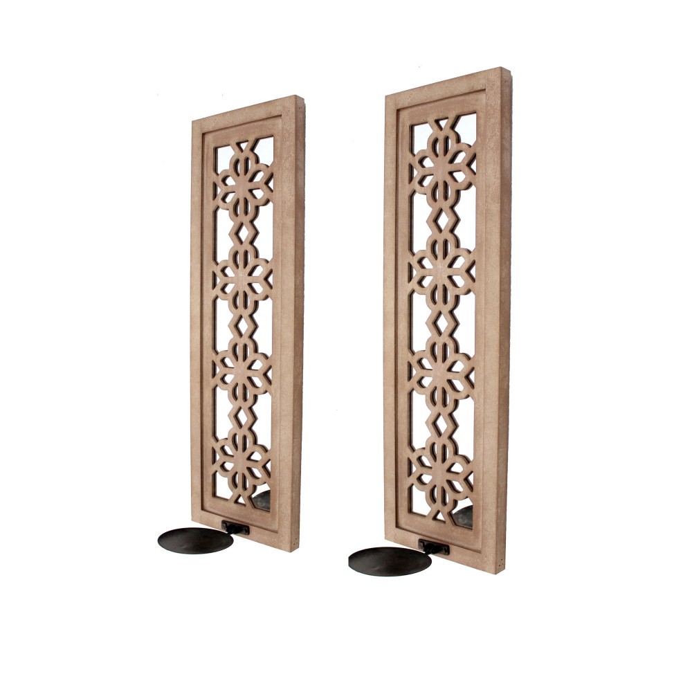 Rustic Candle Holder Sconce Set With Floral Lattice Mirrors