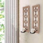 Rustic Candle Holder Sconce Set With Floral Lattice Mirrors
