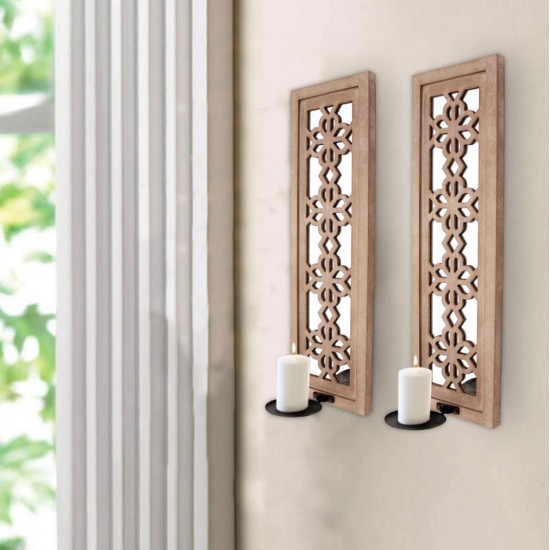 Rustic Candle Holder Sconce Set With Floral Lattice Mirrors