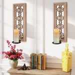 Rustic Candle Holder Sconce Set With Floral Lattice Mirrors