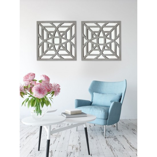 Contemporary Mirrored Square Grey Wooden Wall Decor