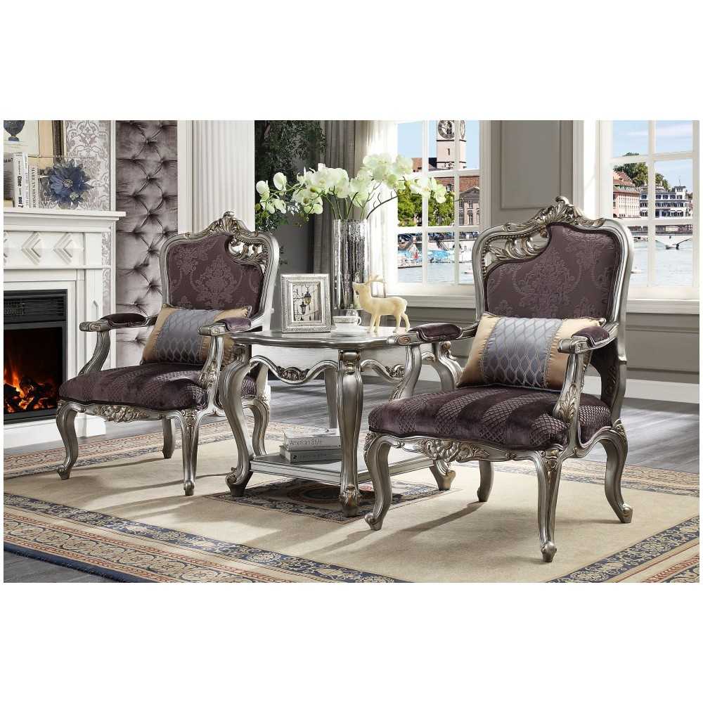 ACME Picardy Chair w/1 Pillow, Velvet & Antique Platinum