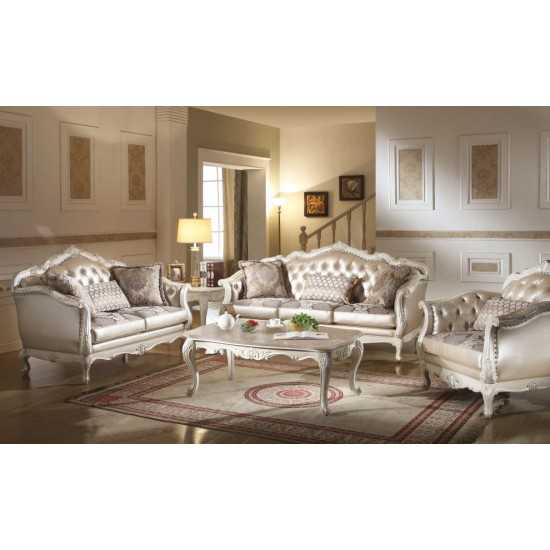 ACME Chantelle Loveseat w/3 Pillows, Rose Gold PU/Fabric & Pearl White