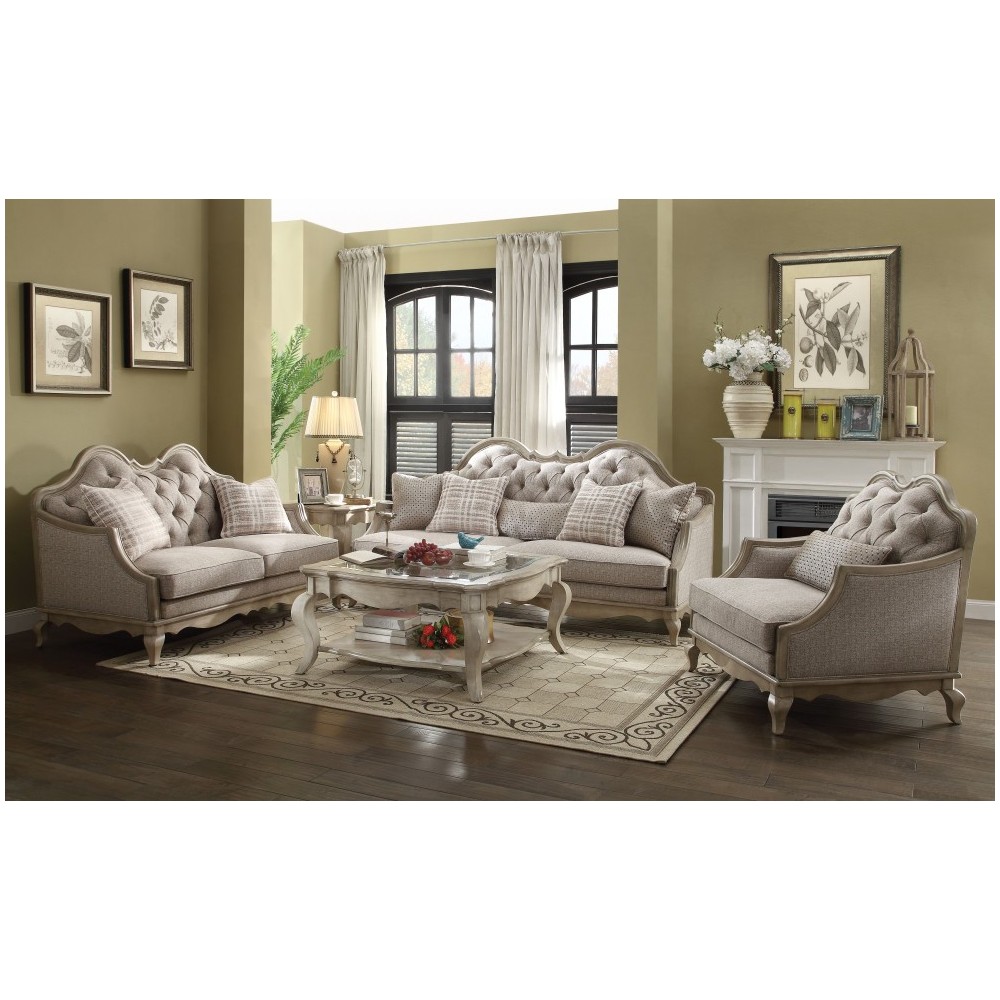 ACME Chelmsford Loveseat w/2 Pillows, Beige Fabric & Antique Taupe