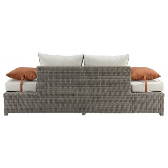 ACME Salena Patio Sofa & Ottoman w/2 Pillows, Beige Fabric & Gray Wicker