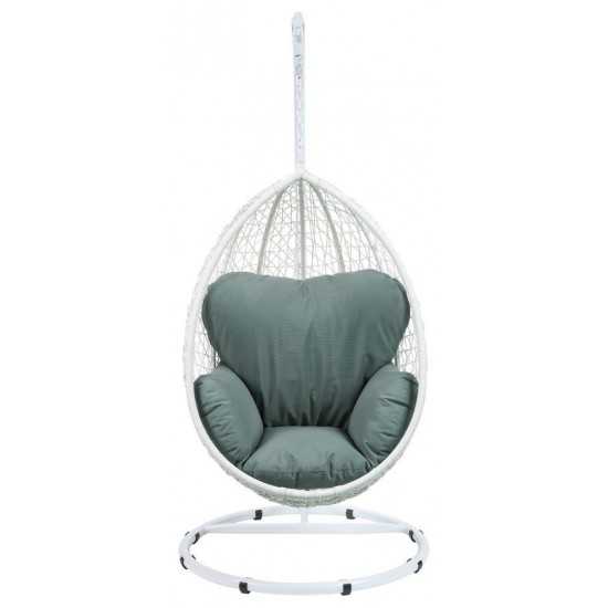 ACME Simona Patio Swing Chair with Stand, Green Fabric & White Wicker