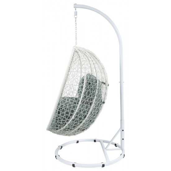 ACME Simona Patio Swing Chair with Stand, Green Fabric & White Wicker