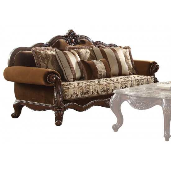 ACME Jardena Sofa w/6 Pillows, Fabric & Cherry Oak