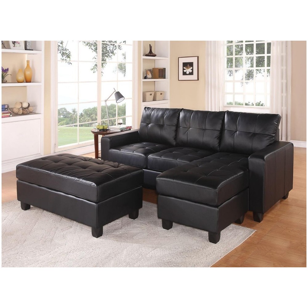 ACME Lyssa Sectional Sofa w/Ottoman, Black Bonded Leather Match