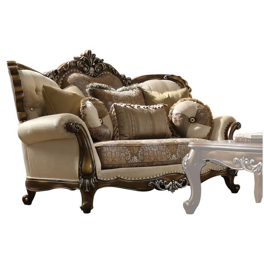 ACME Latisha Loveseat w/5 Pillows, Tan, Pattern Fabric & Antique Oak