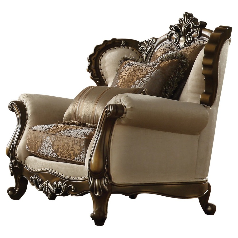 ACME Latisha Chair w/2 Pillow, Tan, Pattern Fabric & Antique Oak