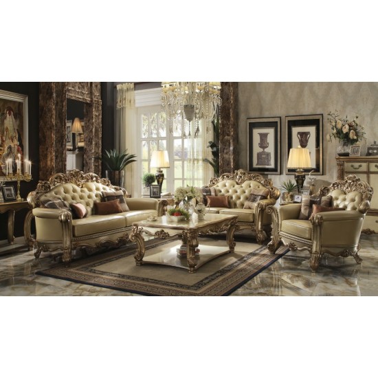 ACME Vendome Loveseat w/3 Pillows, Bone PU & Gold Patina