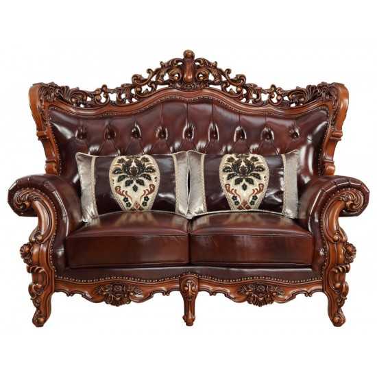 ACME Eustoma Loveseat w/2 Pillows, Cherry Top Grain Leather Match & Walnut