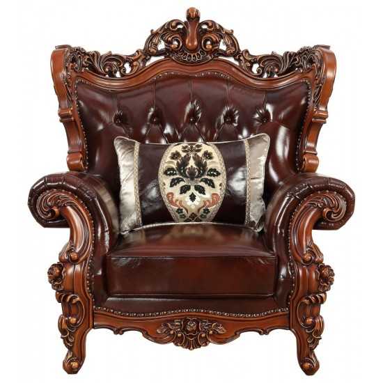 ACME Eustoma Chair w/1 Pillow, Cherry Top Grain Leather Match & Walnut