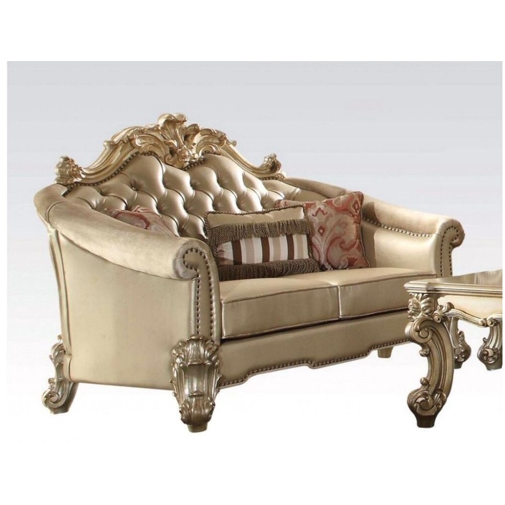 ACME Vendome II Loveseat w/3 Pillows, Bone PU & Gold Patina