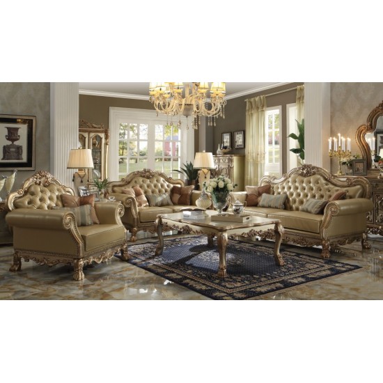 ACME Dresden Loveseat w/3 Pillows, Bone PU & Gold Patina