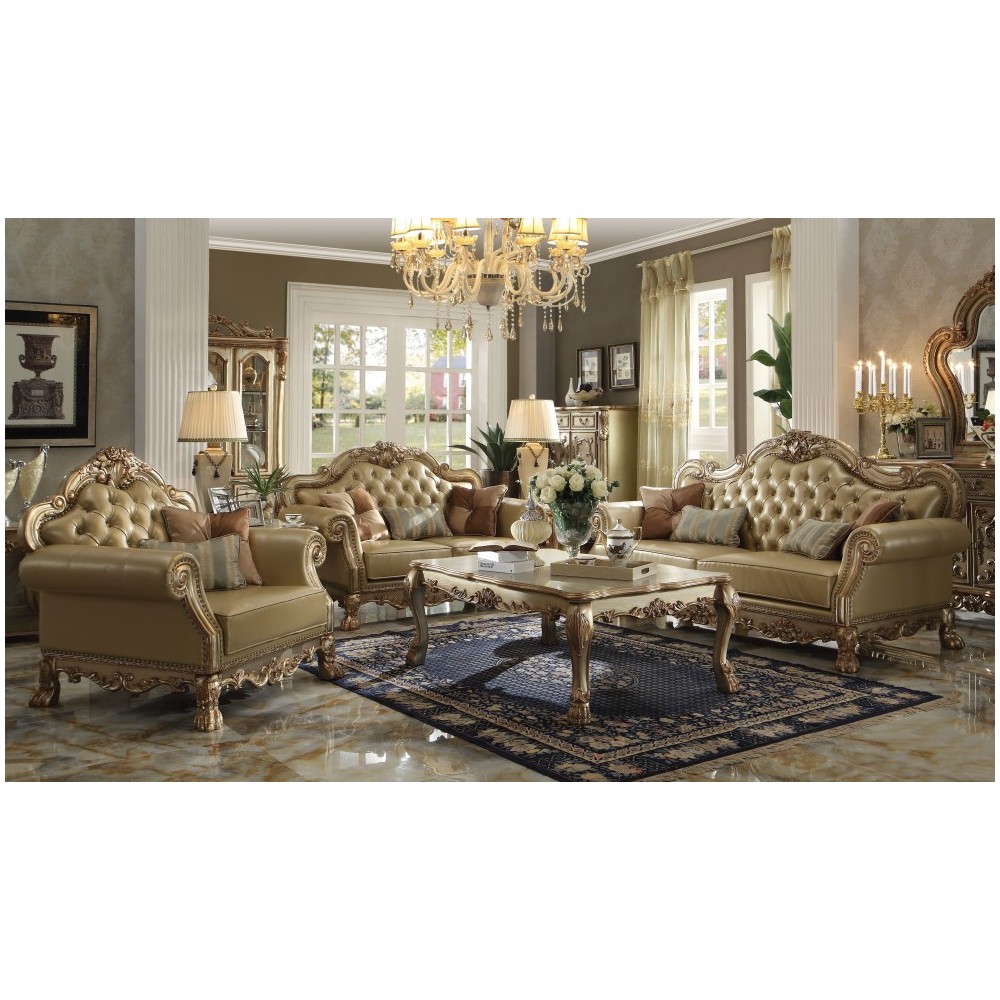 ACME Dresden Loveseat w/3 Pillows, Bone PU & Gold Patina