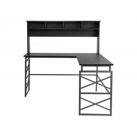 Dark brown finish wood L desk with metal base