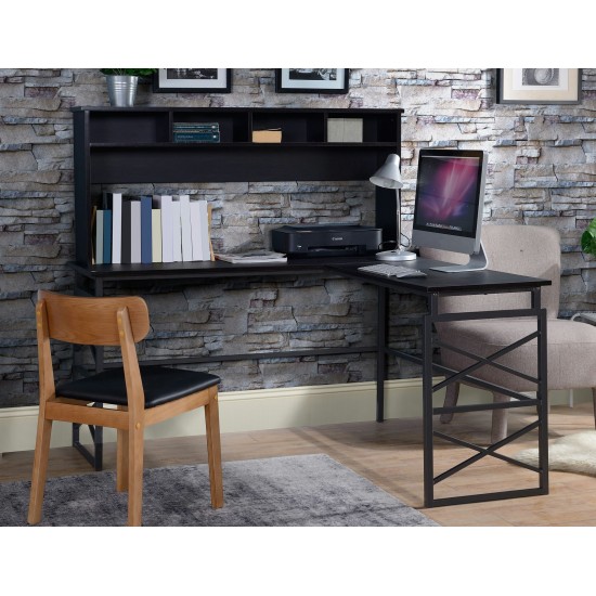 Dark brown finish wood L desk with metal base