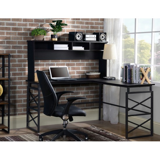 Dark brown finish wood L desk with metal base