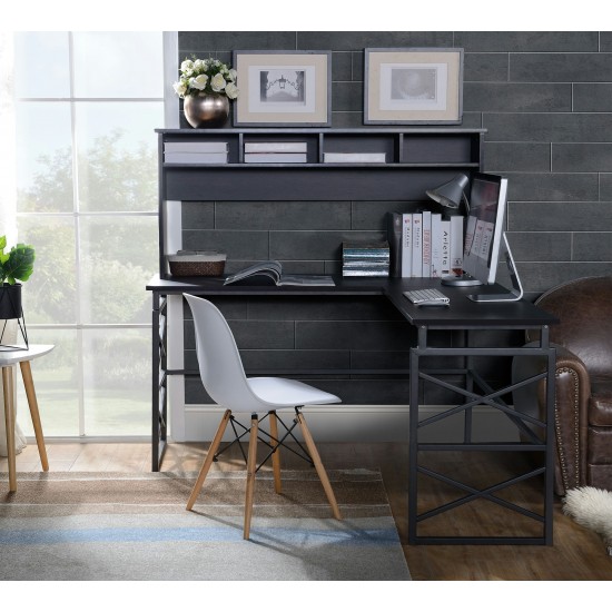 Dark brown finish wood L desk with metal base