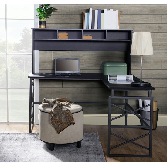 Dark brown finish wood L desk with metal base