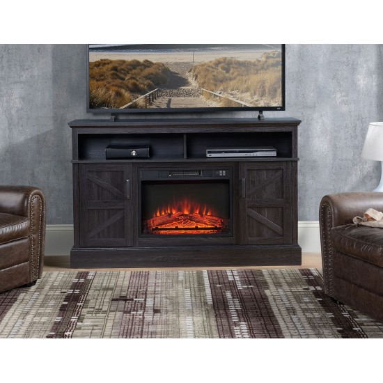 Rustic Dark Wood TV Stand With Fireplace