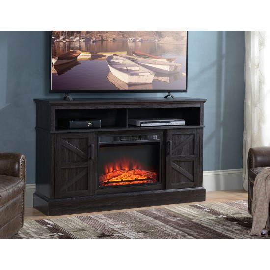 Rustic Dark Wood TV Stand With Fireplace