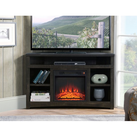 Corner Unit Rough Sawn Dark Oak Finish TV Stand with Built In Electric Fireplace