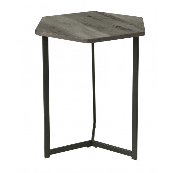 Weathered Pine Finish Top Hexigon Side Table With Metal Base