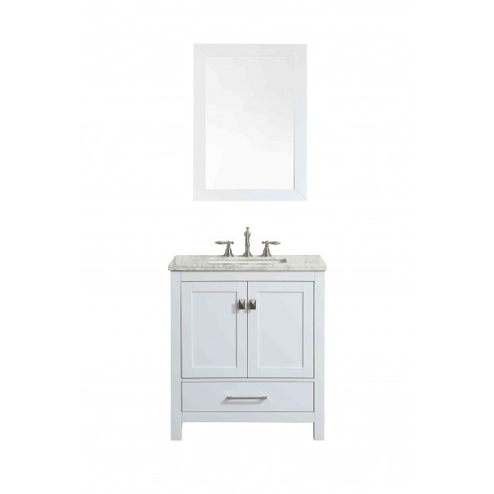 Eviva Aberdeen 30" White Transitional Bathroom Vanity w/ White Carrara Top