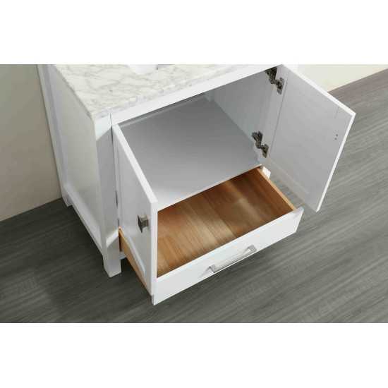 Eviva Aberdeen 30" White Transitional Bathroom Vanity w/ White Carrara Top