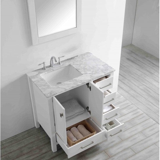 Eviva Aberdeen 36" White Transitional Bathroom Vanity w/ White Carrara Top